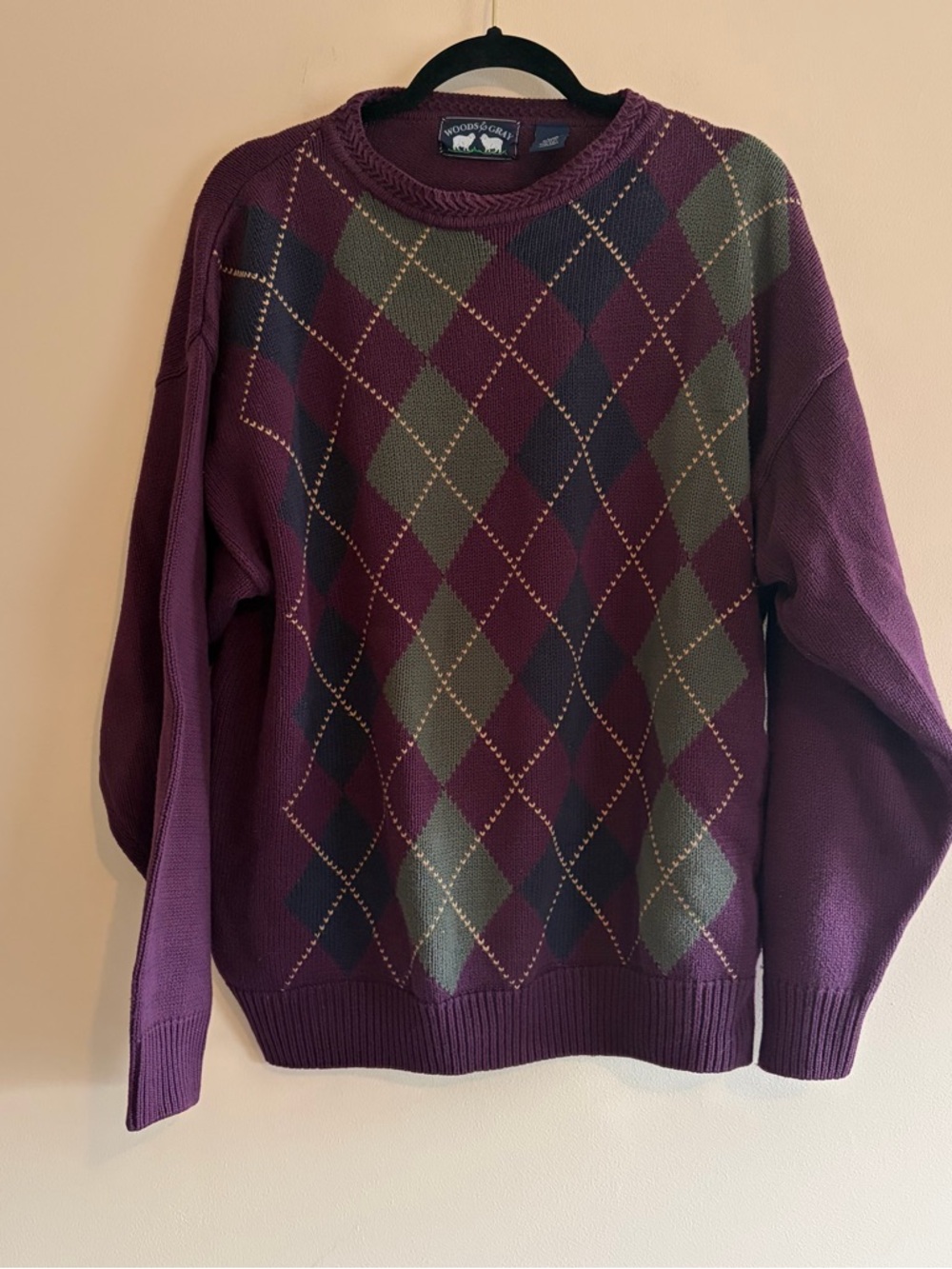 Vintage woods and gray Argyle Crewneck Sweater in Plum, Olive & Navy cotton